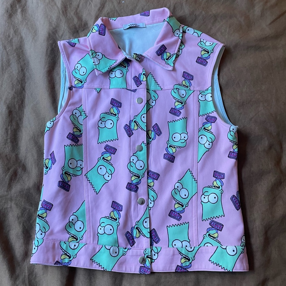 Bart Simpson Print Sleeveless Button Down Shirt - Pink & Purple